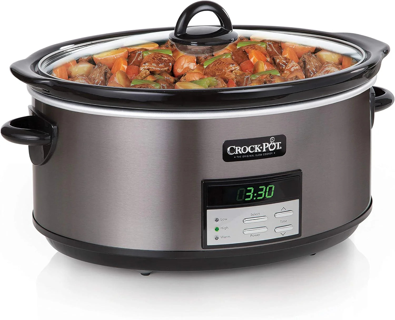 Large 8-Quart Programmable Slow Cooker with Auto Warm Setting Black Stainless Steel