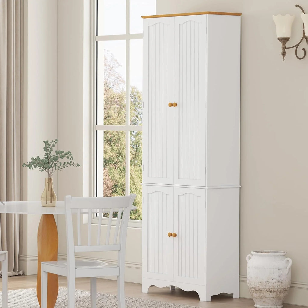 Tall Pantry Cabinet, Freestanding Storage Cabinet, Wooden Kitchen Pantry with 4 Doors and 5 Shelves, 72 Floor Cabinet Organizer