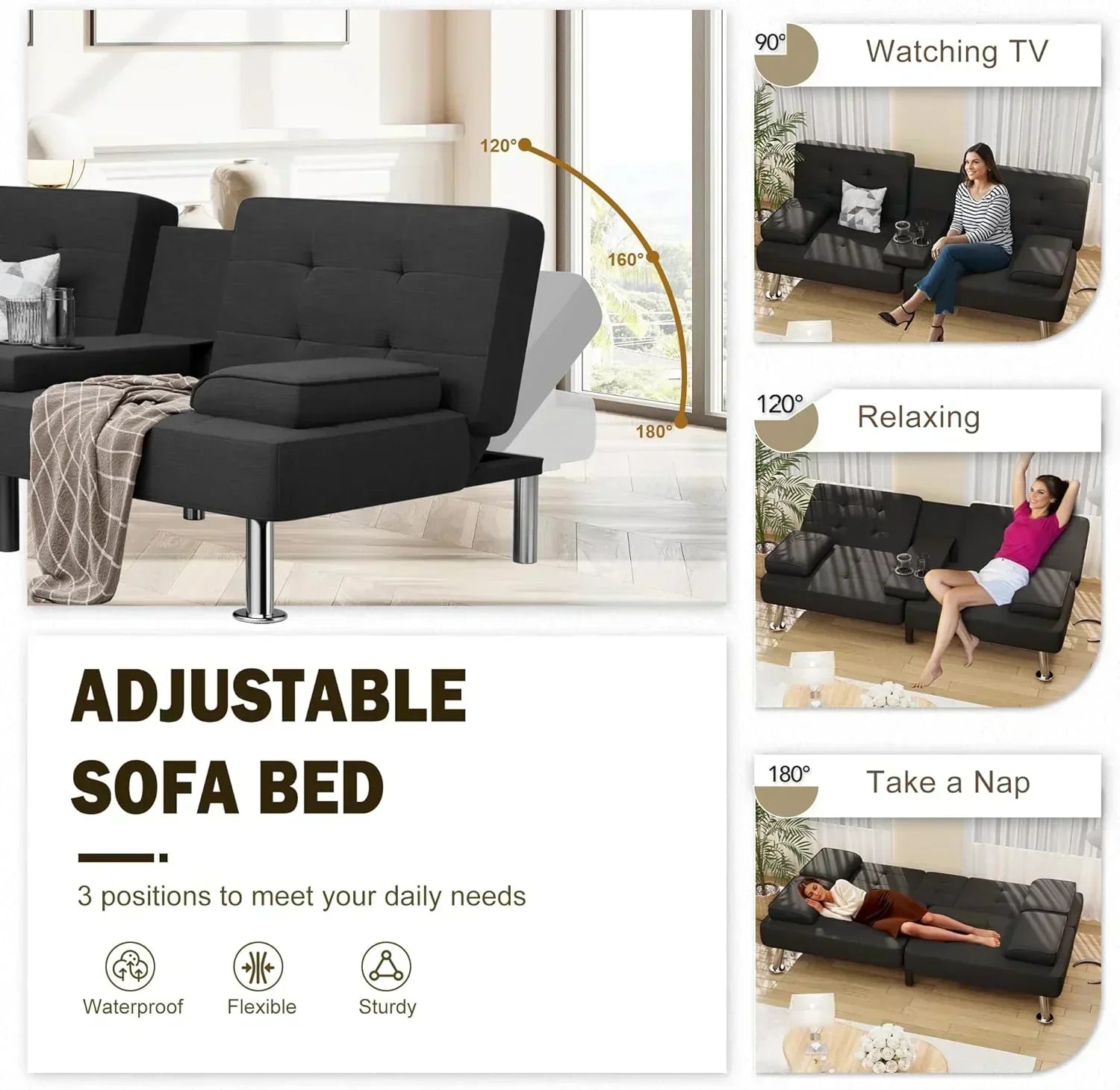 Shahoo Modern Linen Upholstered Convertible Folding Futon Sofa Bed with Removable Armrests