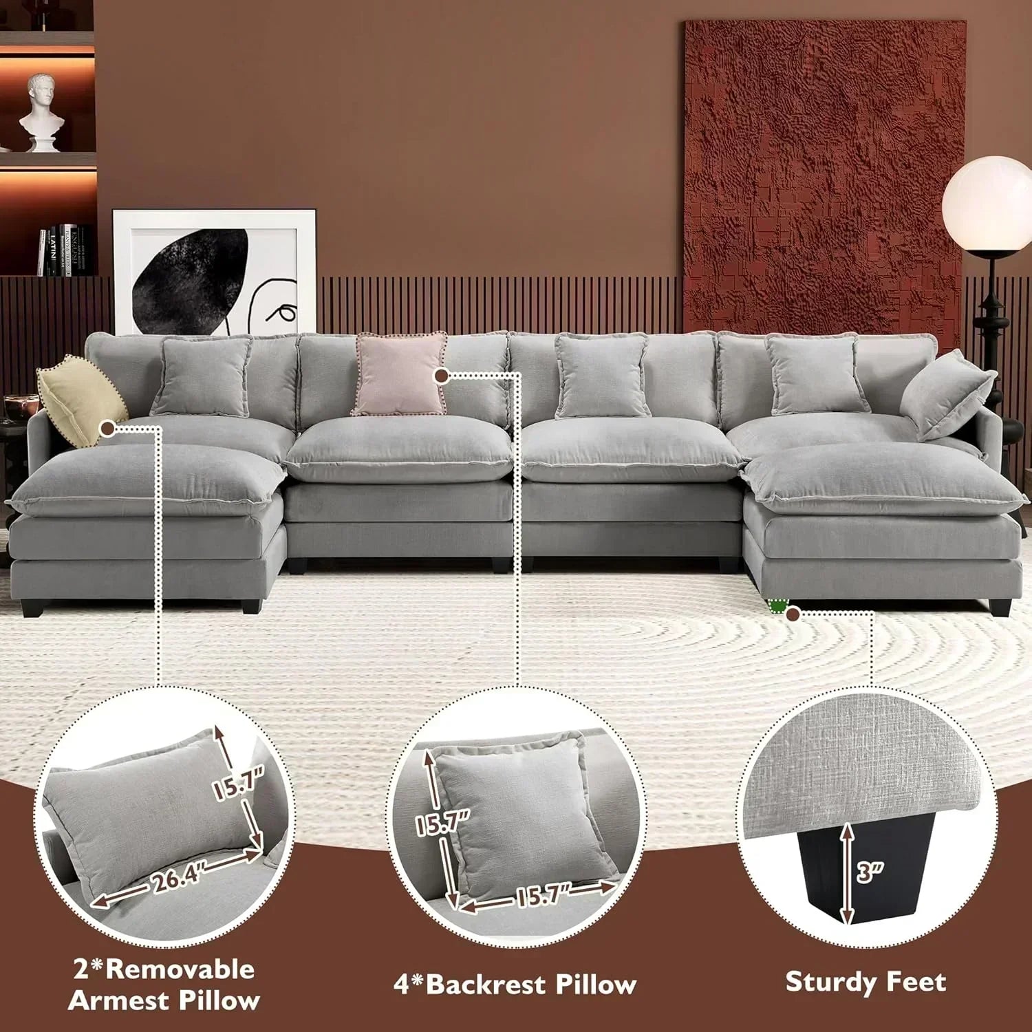 ihanherry 146-inch U-shaped modern sofa modular area cloud sofa