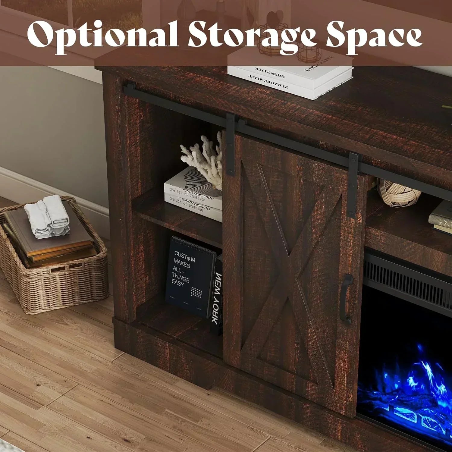 AMERLIFE Fireplace TV Stand with Sliding Barn Door  Farmhouse 63 Fireplace Entertainment Center