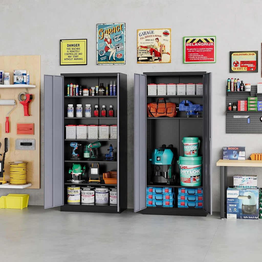 Metal Storage Cabinet with 2 Doors and 6 Shelves, Black Metal Cabinet with Lock, 71 Inch Lockable Garage Storage Cabinet