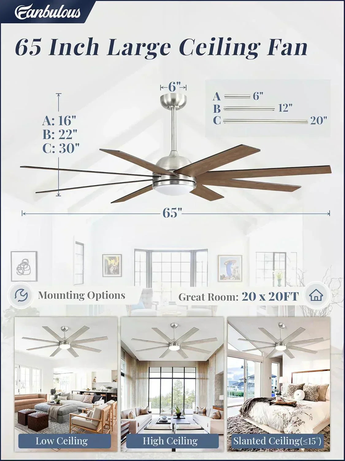 Ceiling Fan Indoor/Outdoor 8 Blades 65 inches