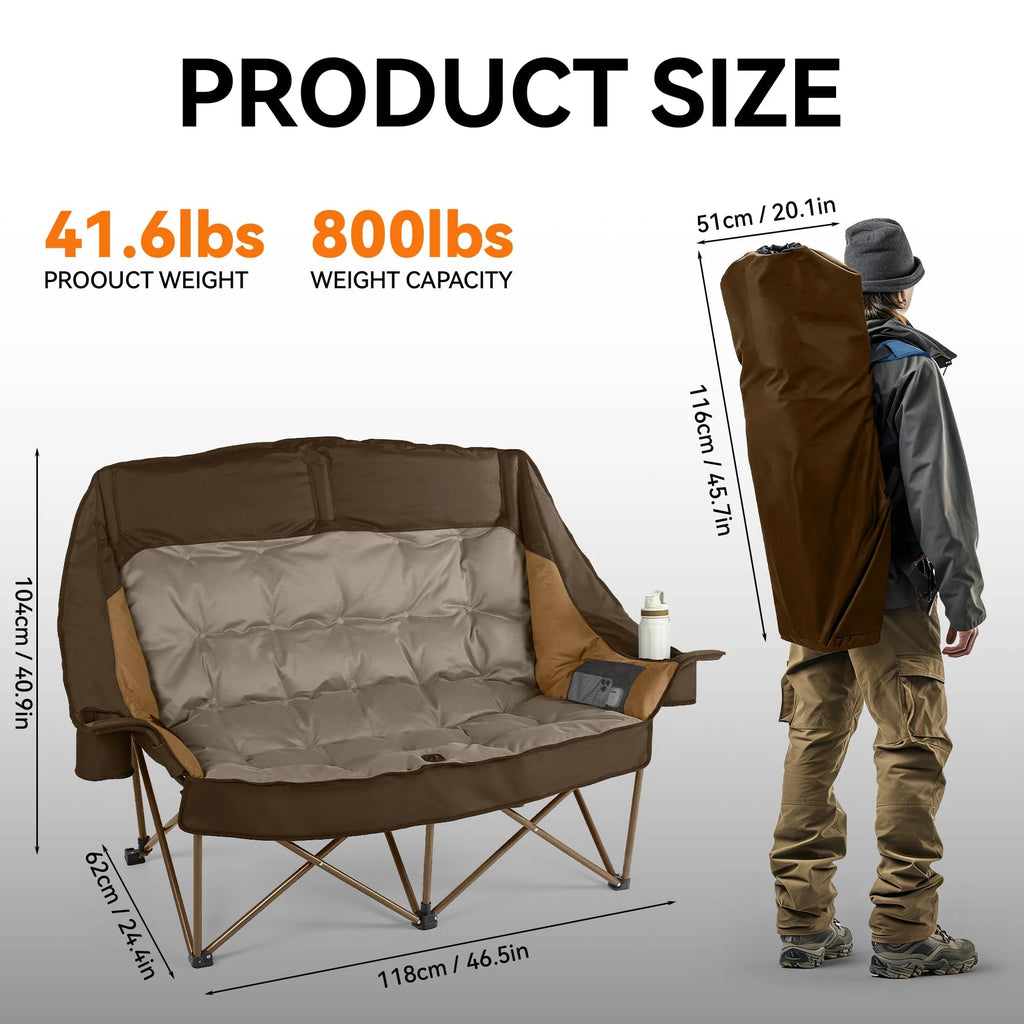 High Back Double Camping Chair Low Seat Folding Loveseat with Cup Holders and Carry Bag 800 lbs