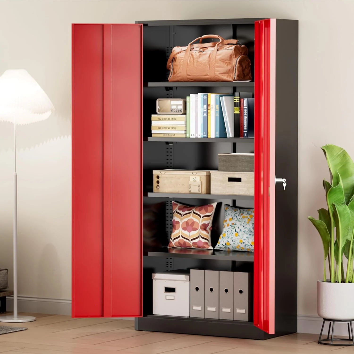 Greenvelly Metal Storage Cabinet, 72 Black Locking Metal Cabinet with 2 Doors and 4 Adjustable Shelves, Lockable Garage Storage Cabinets for Home Office, Garage, Kitchen, Living Room