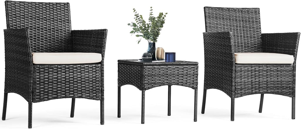 Sweetcripy Patio Furniture Set 3 Pieces Outdoor Furniture with Soft Cushion and Glass Table