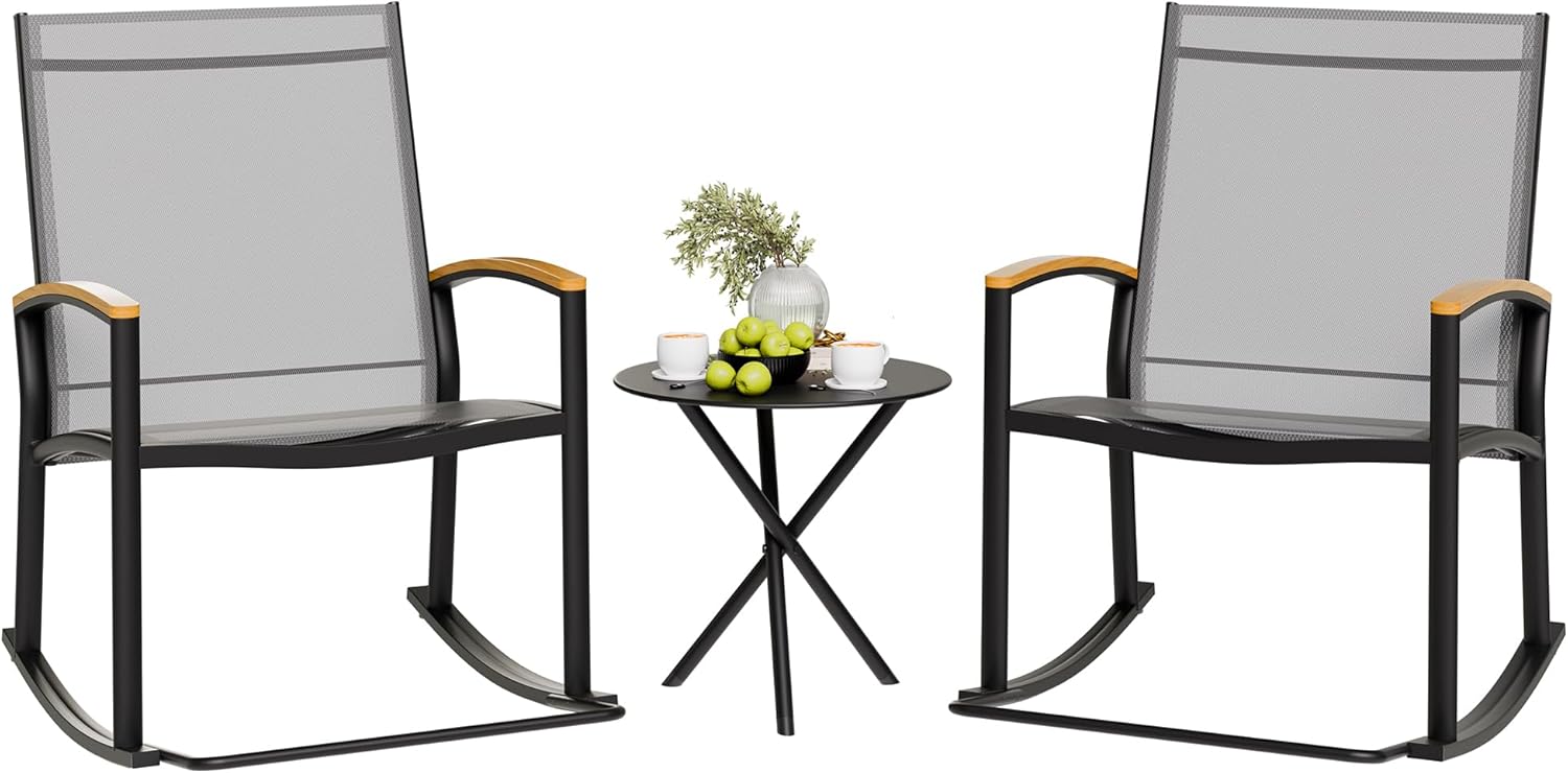 Shintenchi 3 Piece Outdoor Rocking Bistro Set, Textilene Fabric Small Patio Furniture Set, Front Porch Rocker Chairs Conversation Set with Table for Lawn, Garden, Balcony, Poolside (Black)