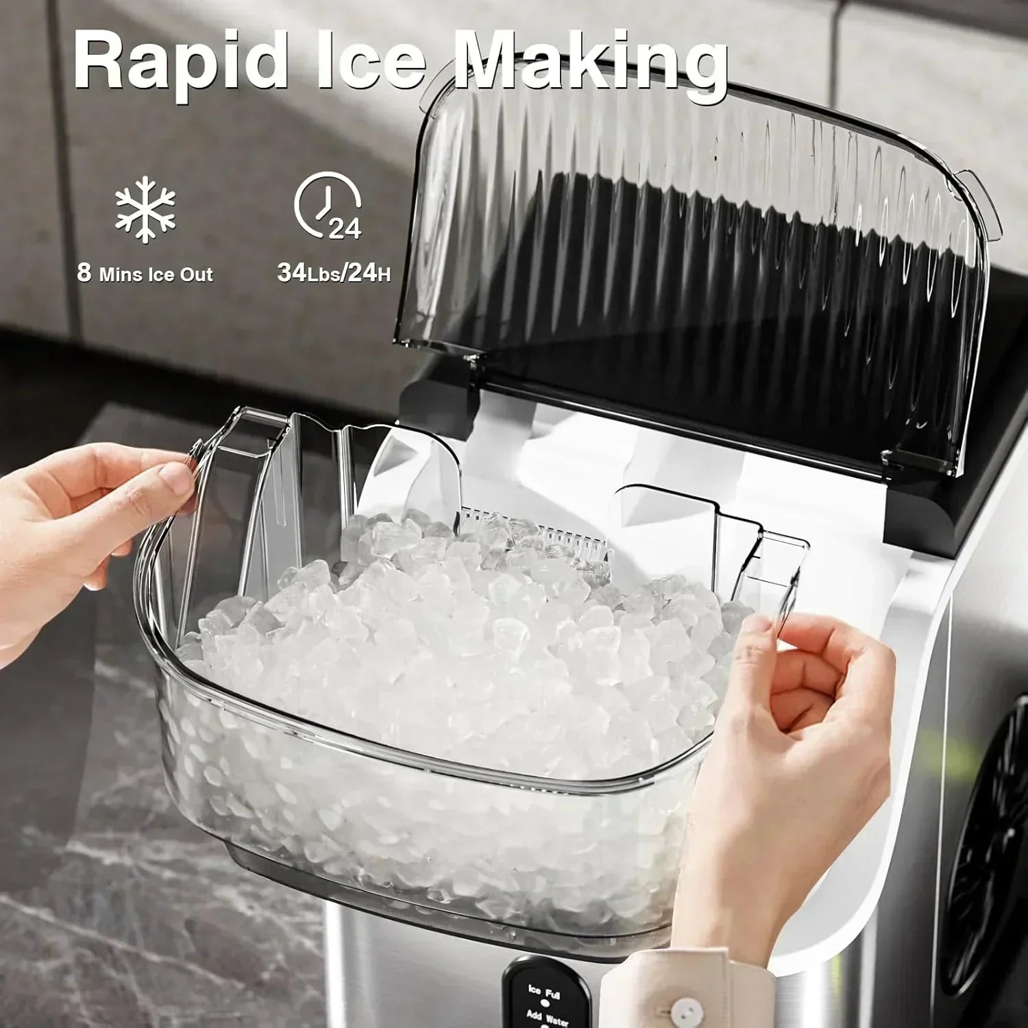 Nugget Ice Makers Countertop Pebble Ice Machine with Chewable Pellet Ice Self-Cleaning