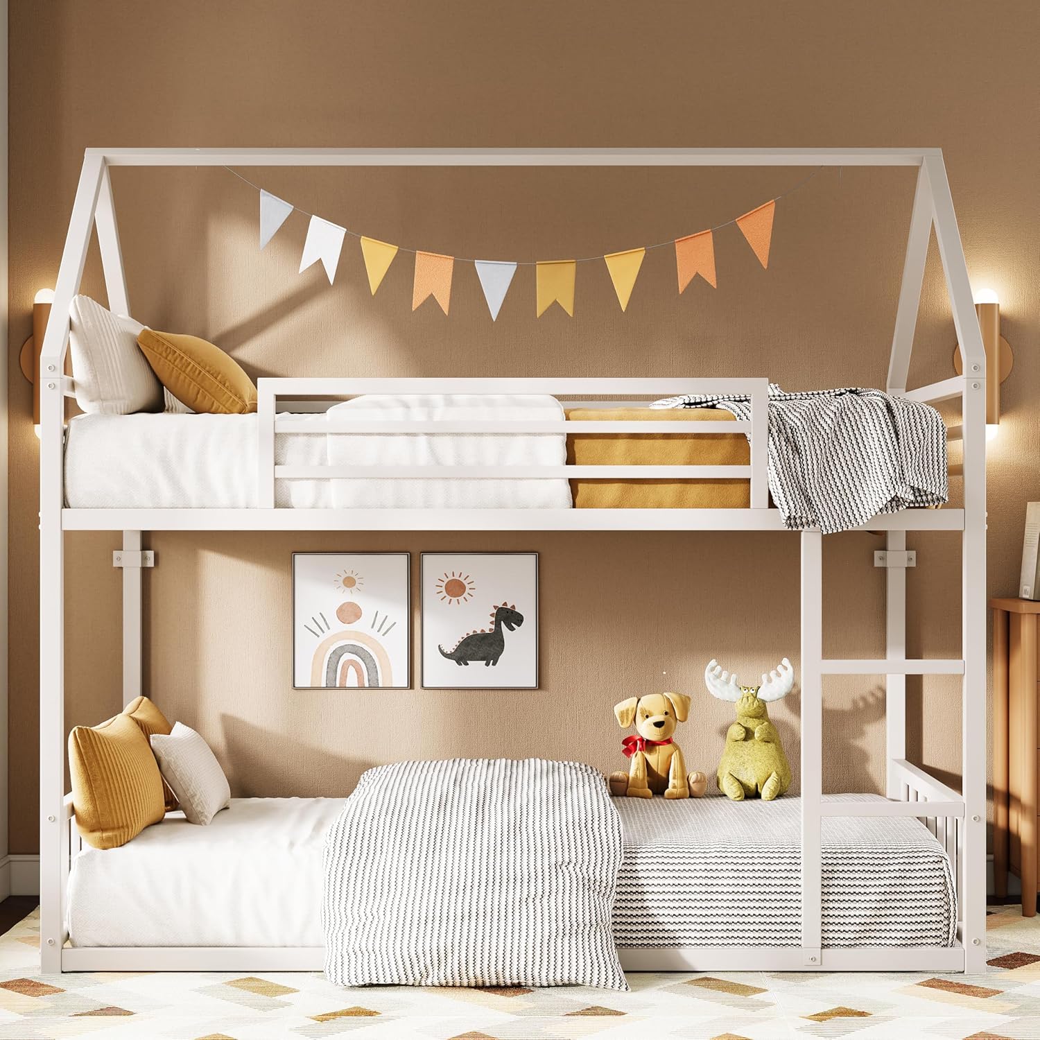 LIKIMIO Bunk Bed Twin Over Twin House Bunk Bed Frame Guardrail House Shaped Metal Slats