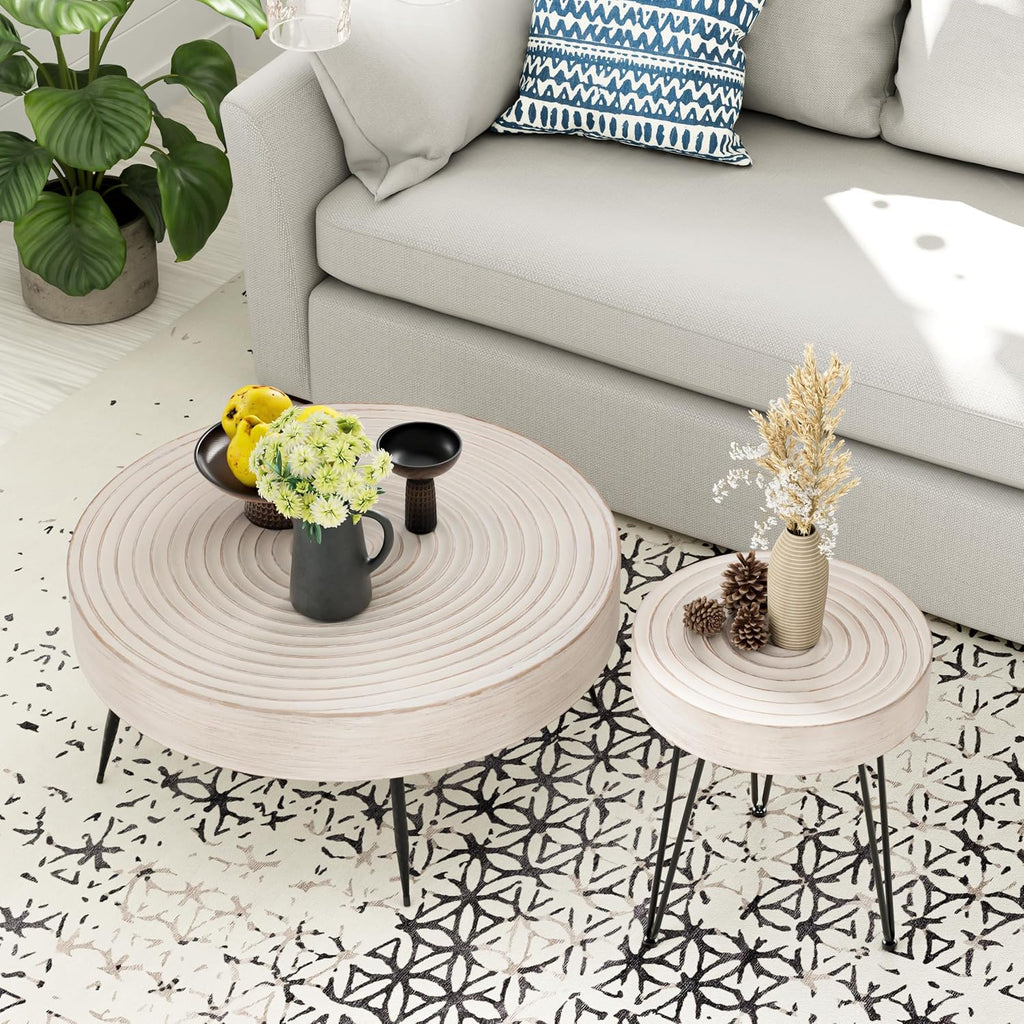 Two-Piece Modern Farmhouse Living Room Coffee Table Set Round Nesting Tables