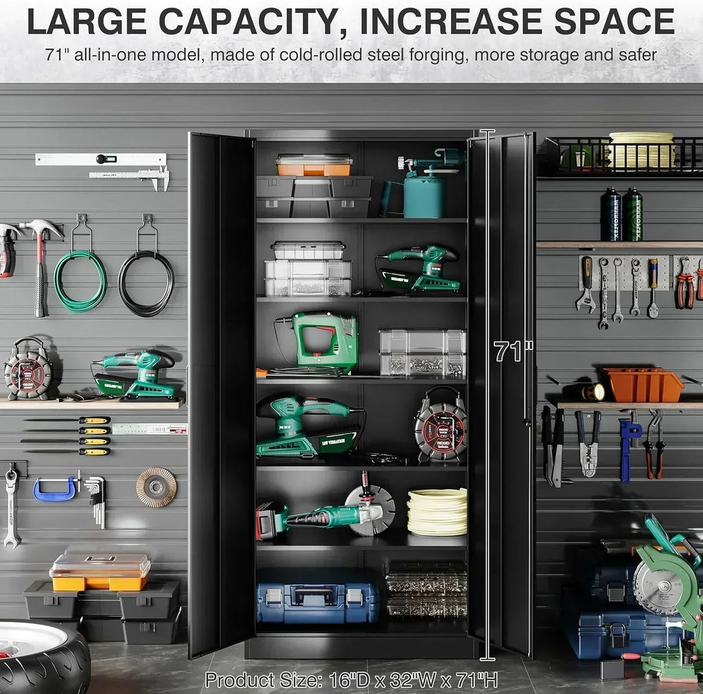 Metal Storage Cabinet with 2 Doors and 6 Shelves Black Metal Cabinet Garage Storage Cabinet