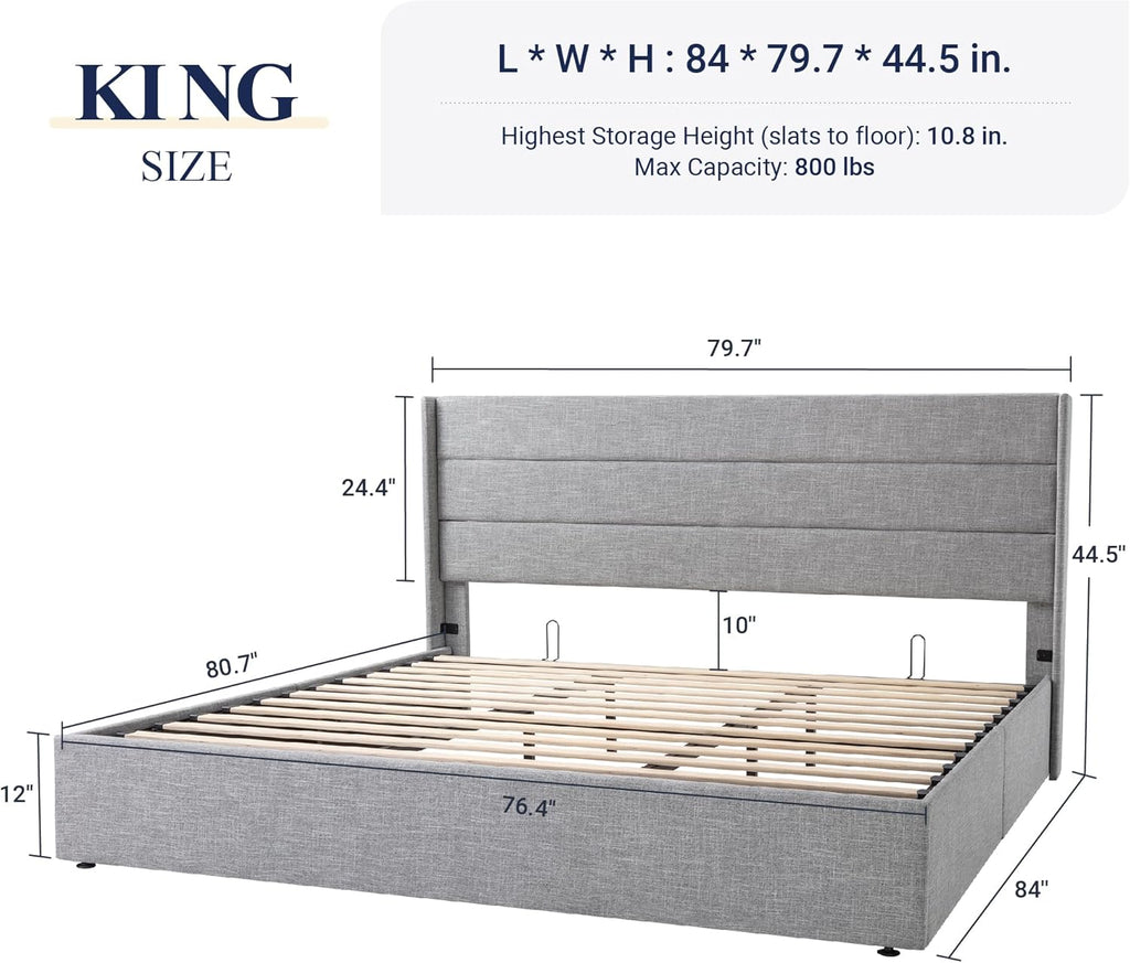 Allewie Queen Size Lift Up Storage Bed Modern Wingback Headboard Hydraulic Support