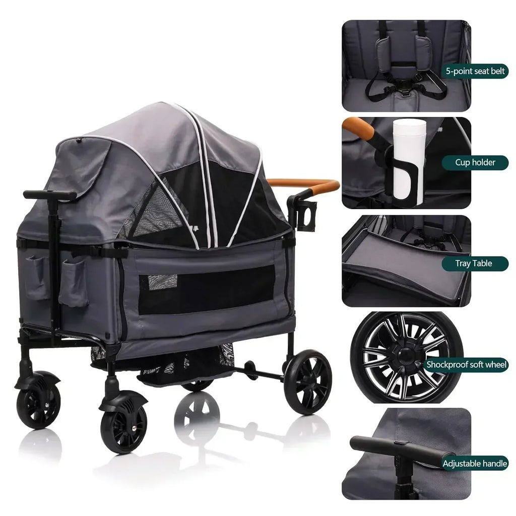 Wagon Stroller for 2 Kids Cargo-Travel Stroller Push-Pull Double Wagon Lightweight Folding Stroller
