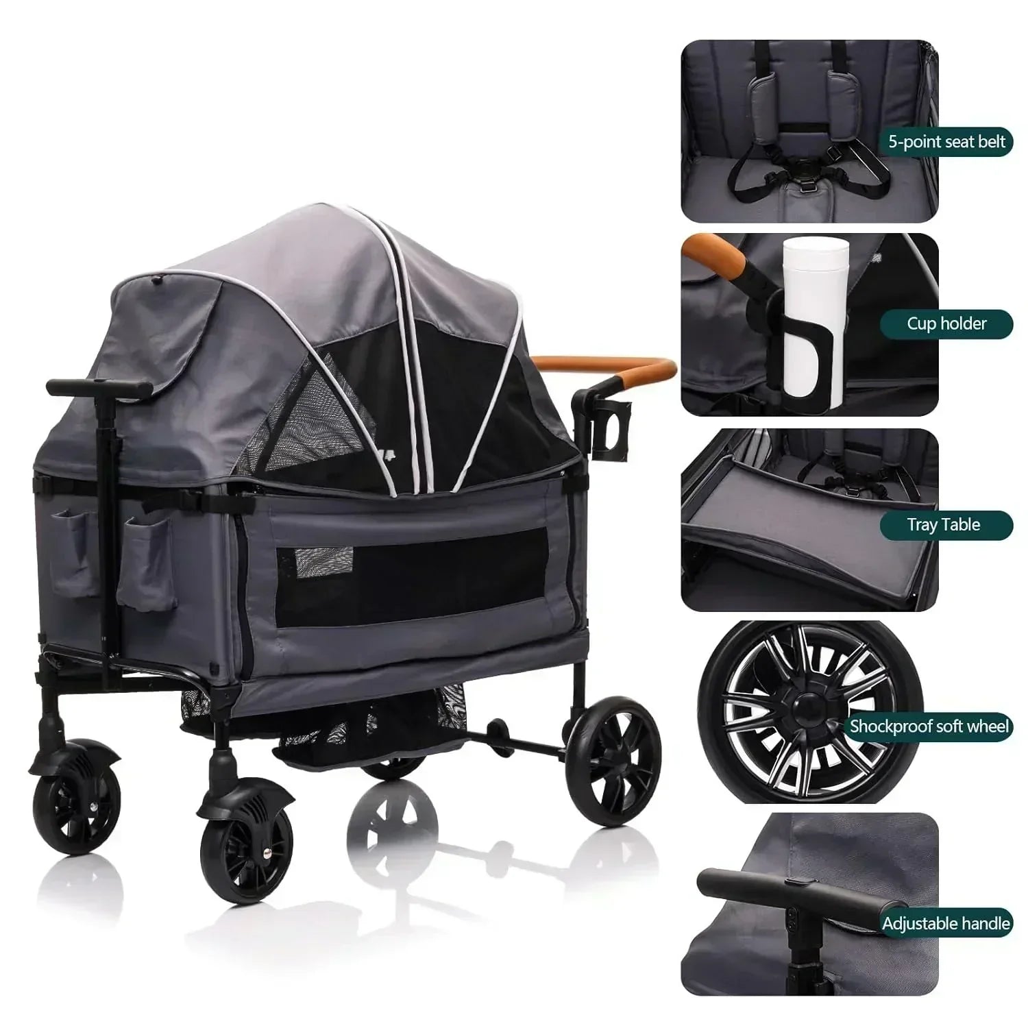 Wagon Stroller for 2 Kids Cargo-Travel Stroller Push-Pull Double Wagon Lightweight Folding Stroller