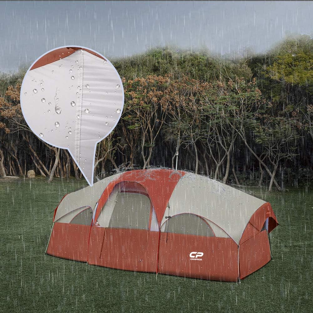 CAMPROS CP Tent 8 Person Camping Tents, Weather Resistant Family Tent, 5 Large Mesh Windows, Double Layer, Divided Curtain for Separated Room, Portable with Carry Bag