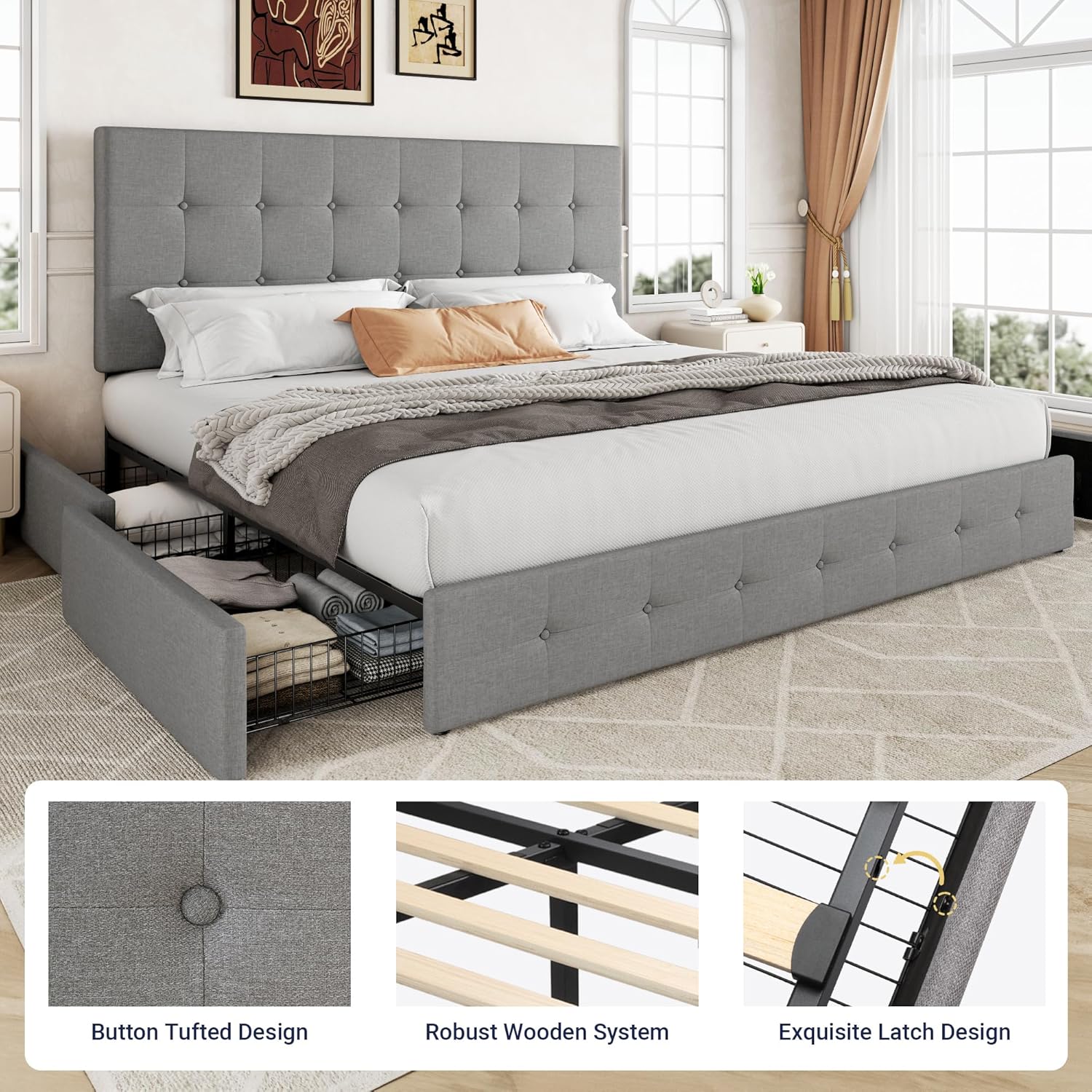 Allewie Upholstered Queen Size Platform Bed Frame with 4 Storage Drawers and Headboard