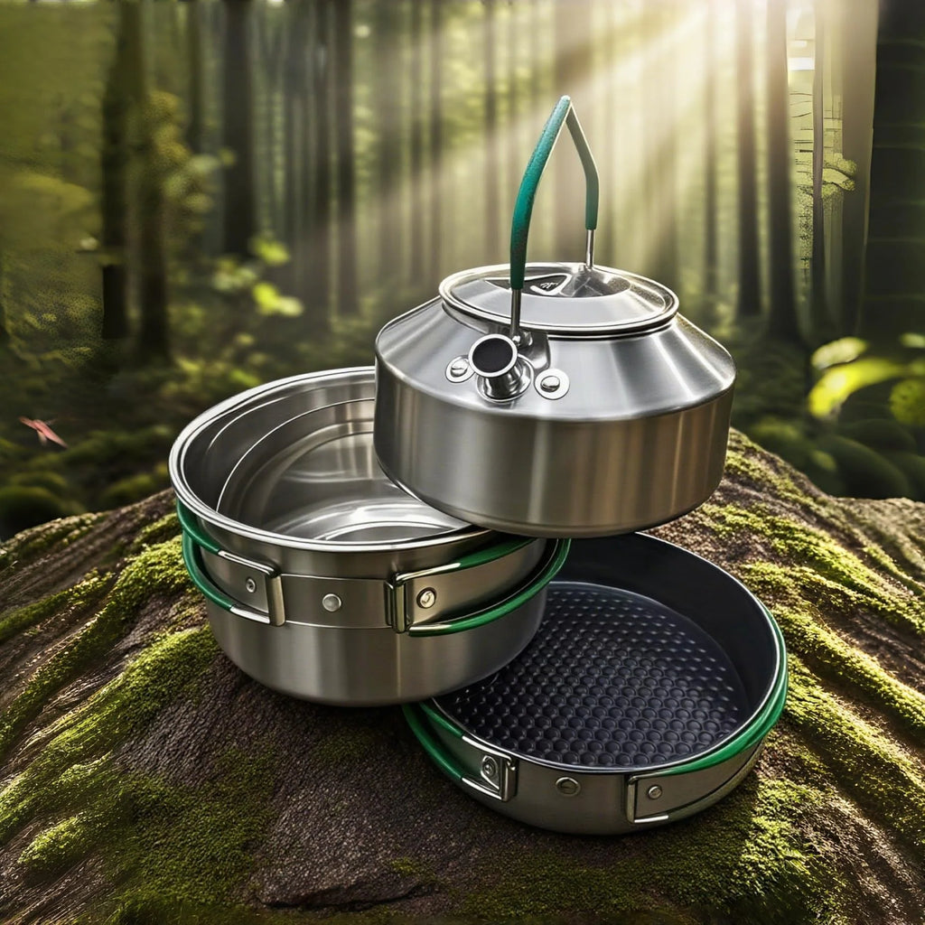 Stainless Steel Camping Cookware Set with Frying Pan Saucepan and Kettle Foldable Handles