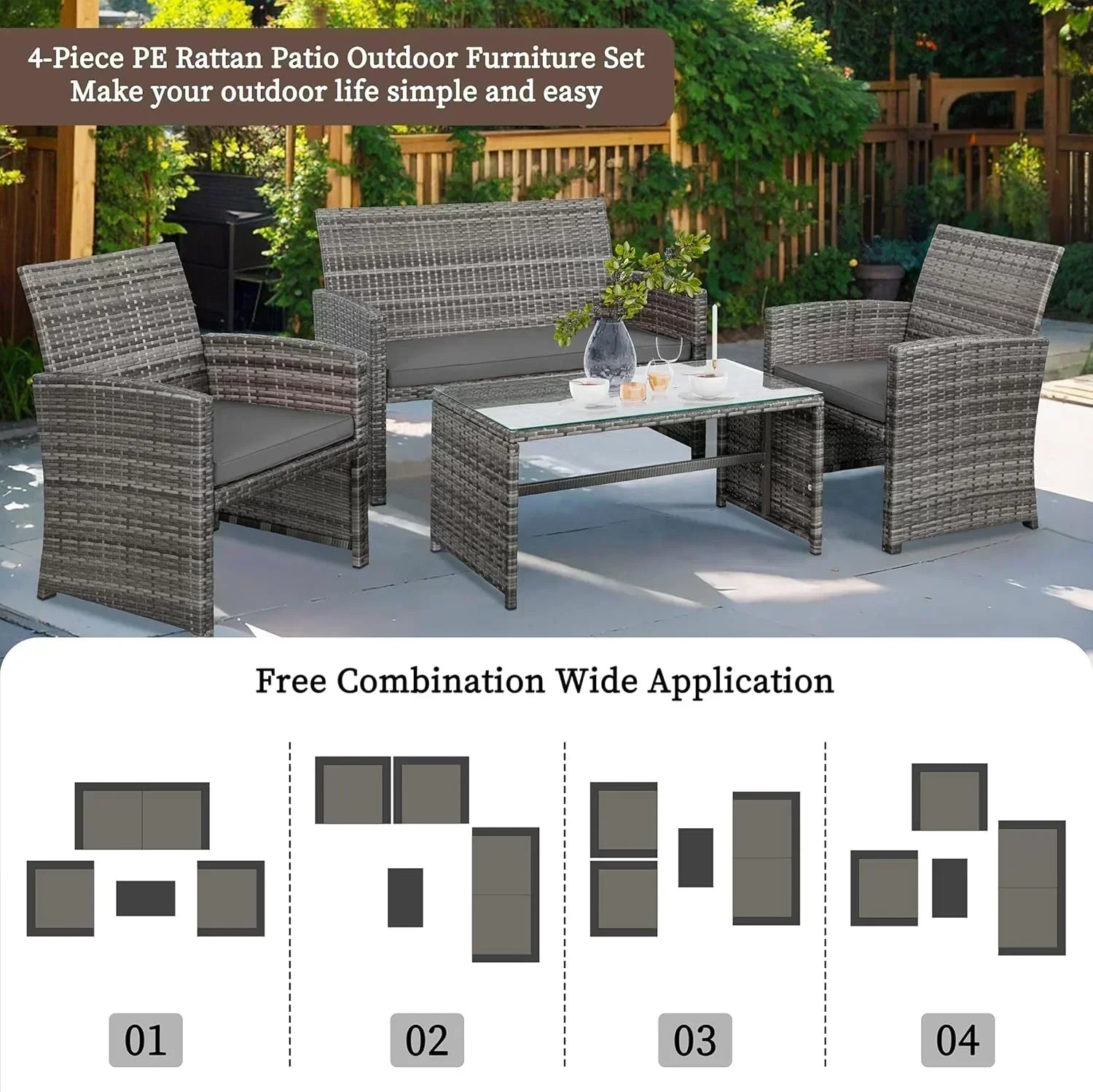 Shintenchi 4 Piece Patio Ratten Set Outdoor Furniture Set Wicker Conversation Set
