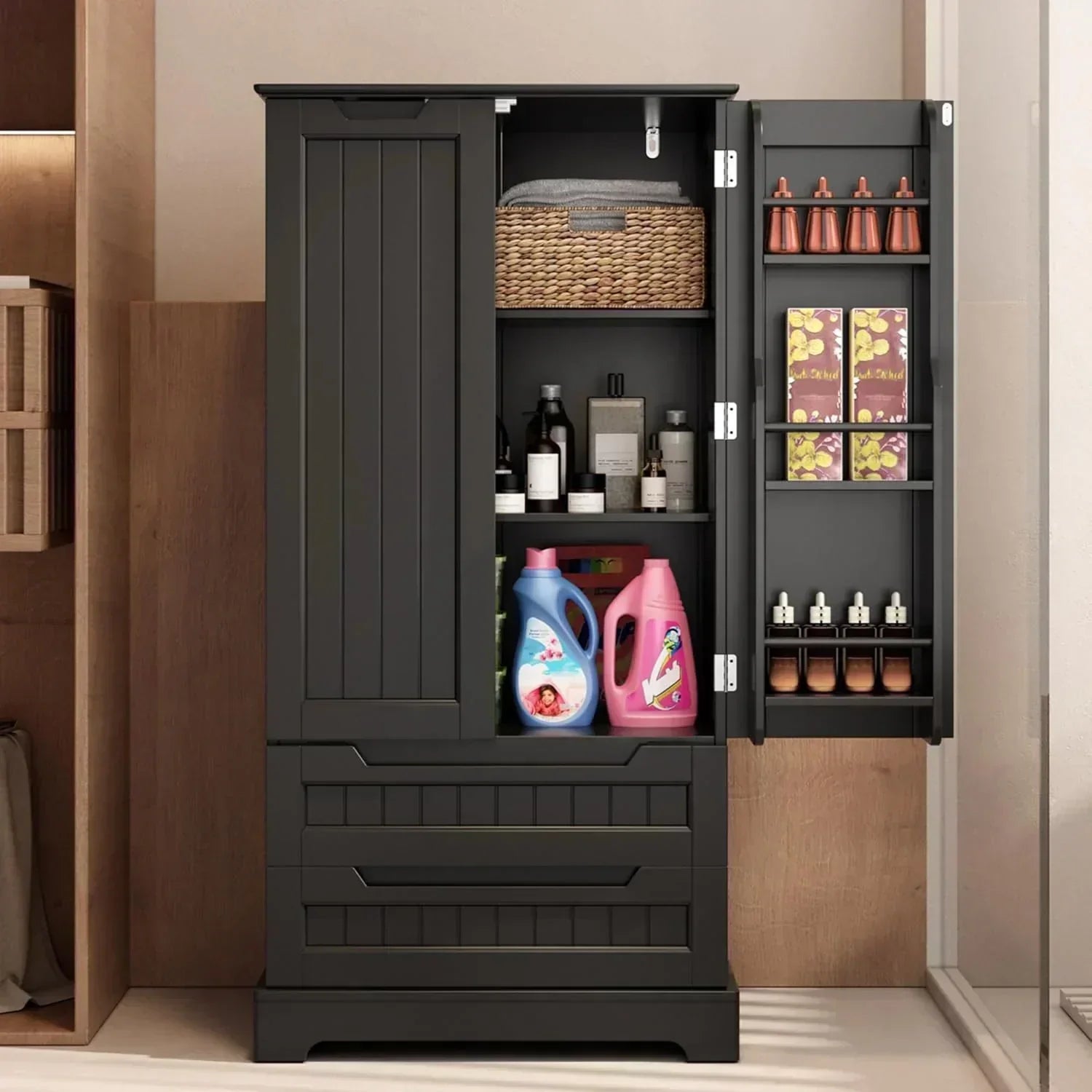 Gizoon Kitchen Pantry Cabinet with Drawers Freestanding Bathroom Storage Cabinet with Doors
