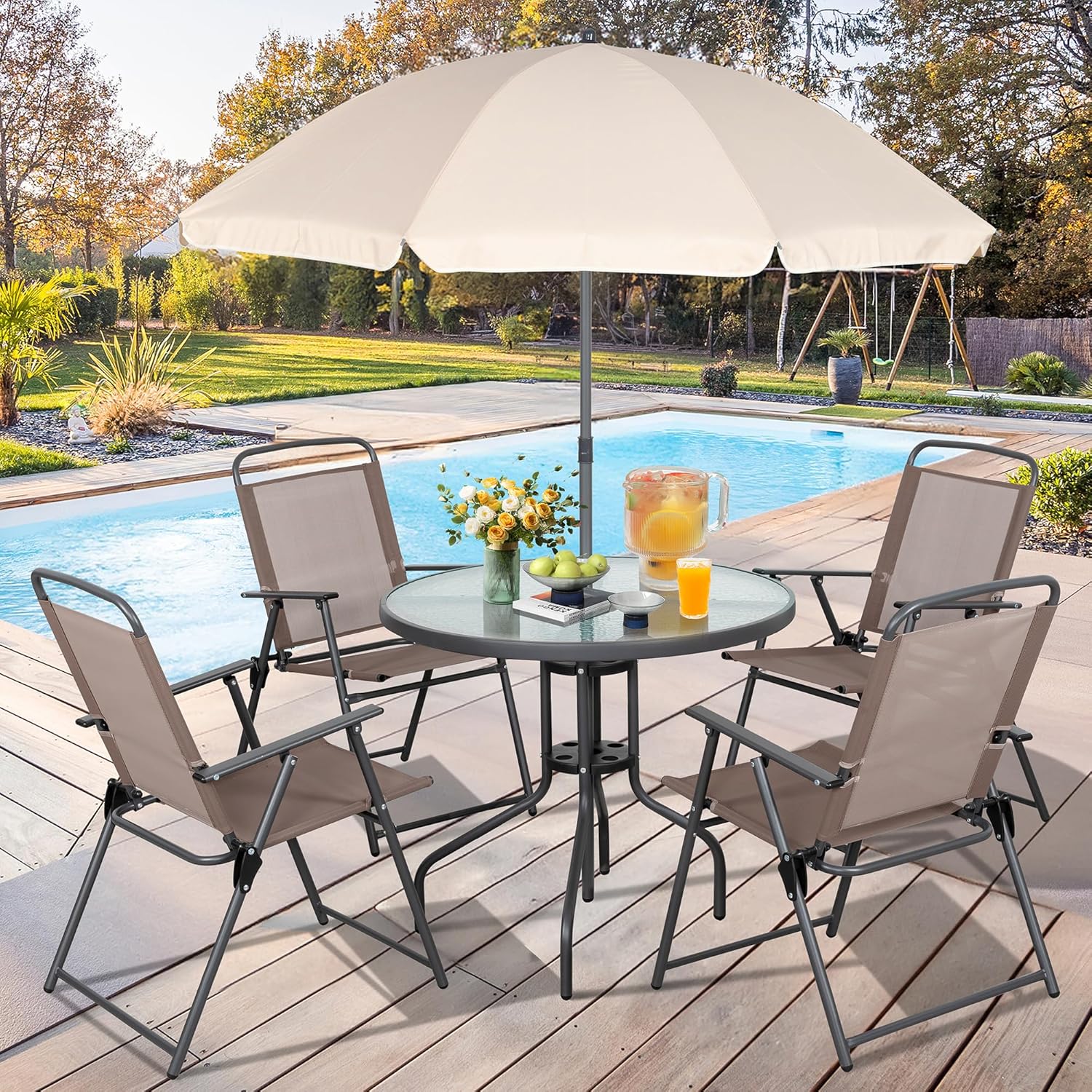 Vongrasig 6 Piece Folding Patio Dining Set Small Metal Outdoor Garden Patio Table and Chair Set