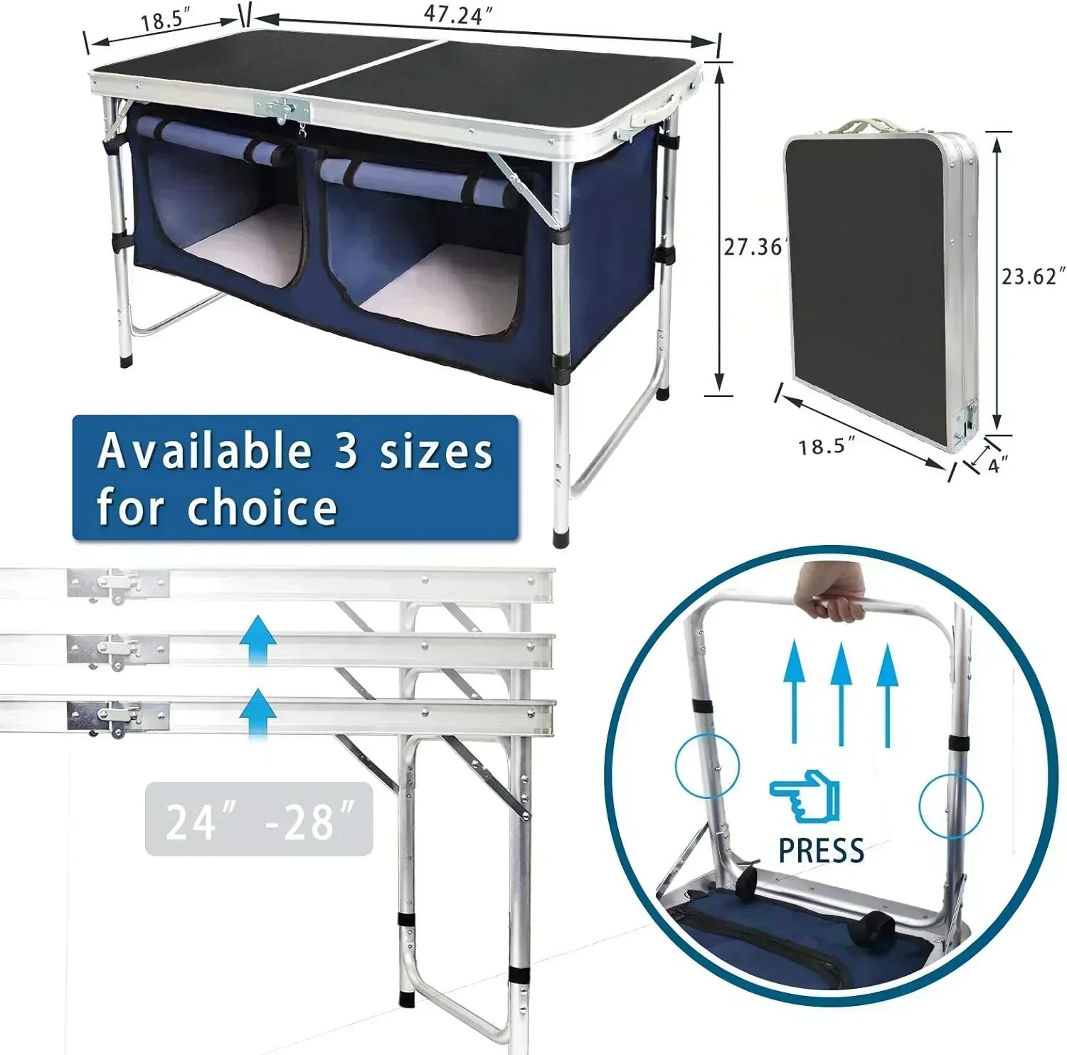 Outdoor Folding Table Aluminum Lightweight Height Adjustable with Storage Organizer