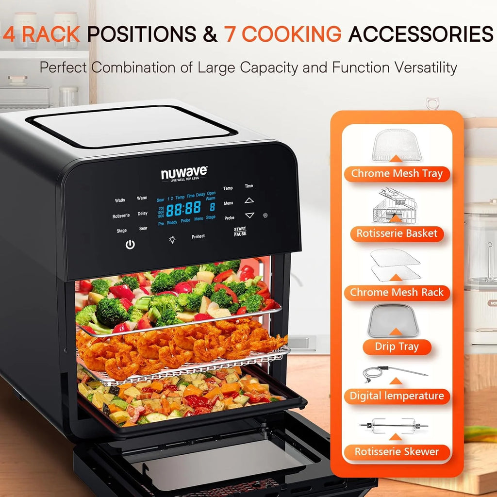 Nuwave Brio 15.5Qt Air Fryer/Oven quickly reheats, bakes, and dehydrates food with a temperature control range of 50��-425��F 1800W.