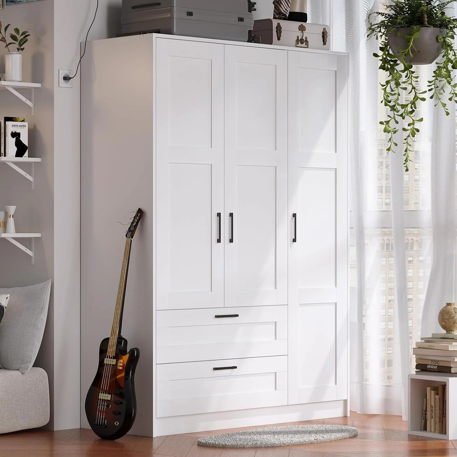 3 Doors Wooden Wardrobe Closet Armoire Bedroom Large Capacity Freestanding Armoire