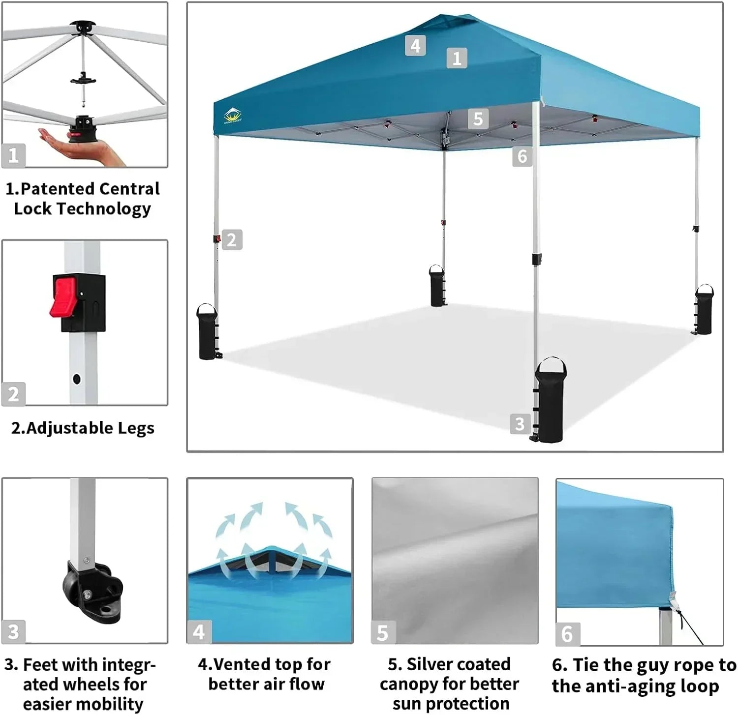 10x10 Pop-Up Awning One-Click Installation Beach Tent Outdoor Sunshade Silver Coated Top