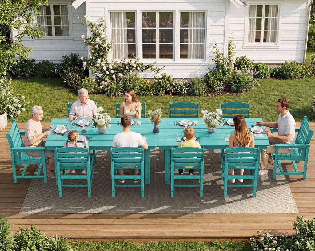 SERWALL 7-Piece Patio Dining Table Sets, Outdoor HDPE Dining Furniture Set with Umbrella Hole Cut-Out Table and 6 Chairs, Blue