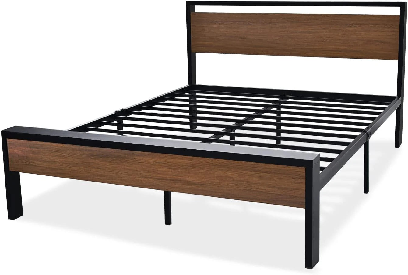 SHA CERLIN 14 Inch Queen Size Metal Platform Bed Frame with Wooden Headboard and Footboard