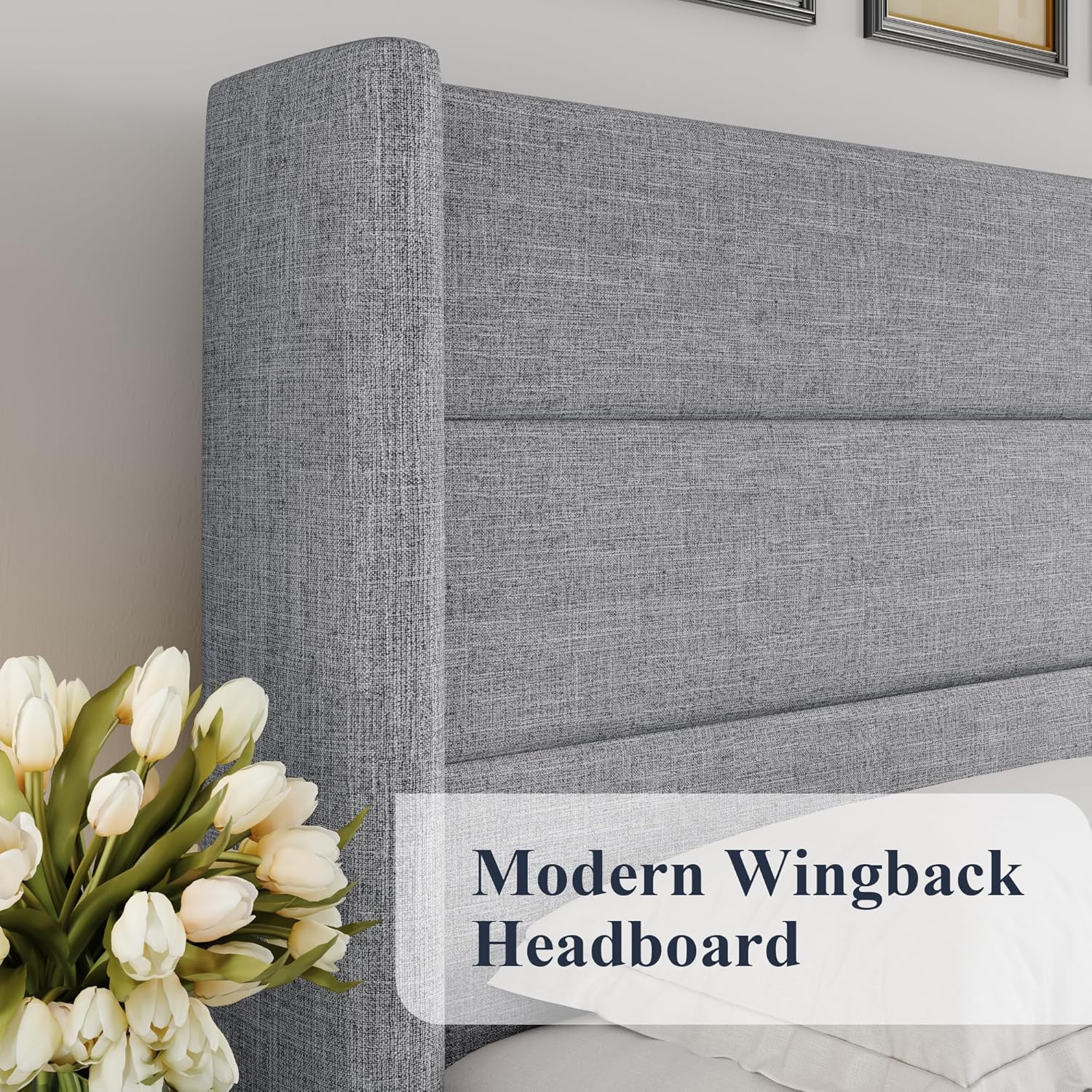 Allewie Queen Size Lift Up Storage Bed Modern Wingback Headboard Hydraulic Support