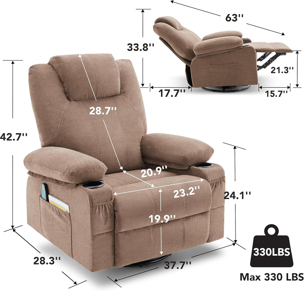 Large Swivel Rocking Recliner with Massage Function 360 Degree Swivel Rocking Single Sofa