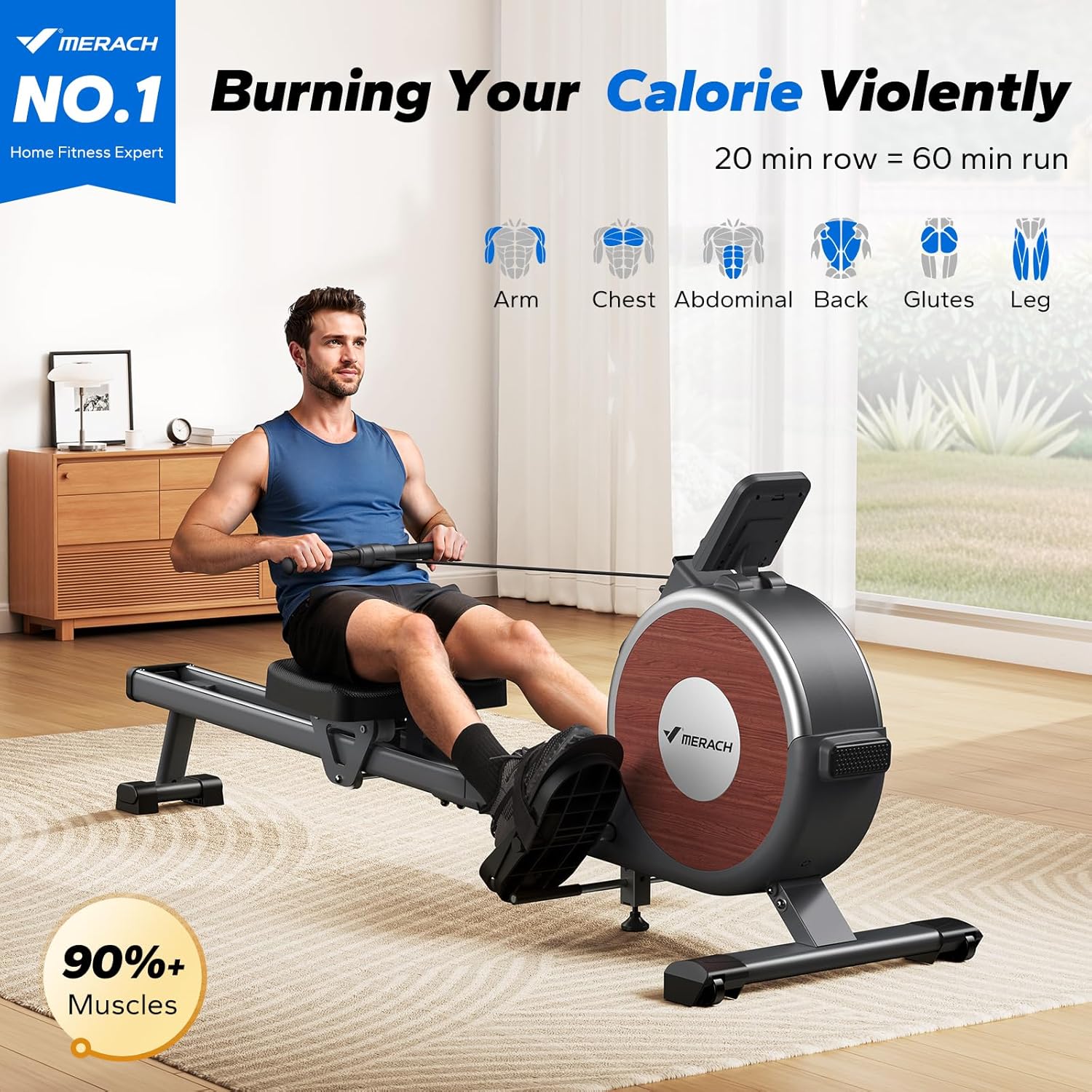 Merachi household rowing machine silent resistance dual-slide design