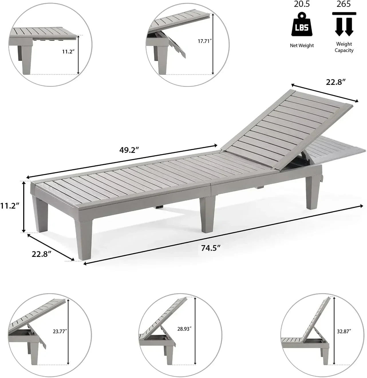 Patio Chairs Black Chaise Lounge Chair Outdoor 5-Position Adjustable Sun Tanning Chair