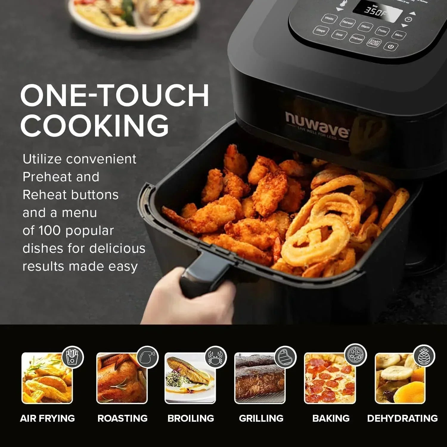Nuwave Brio 15.5Qt Air Fryer Oven quickly reheats bakes and dehydrates food