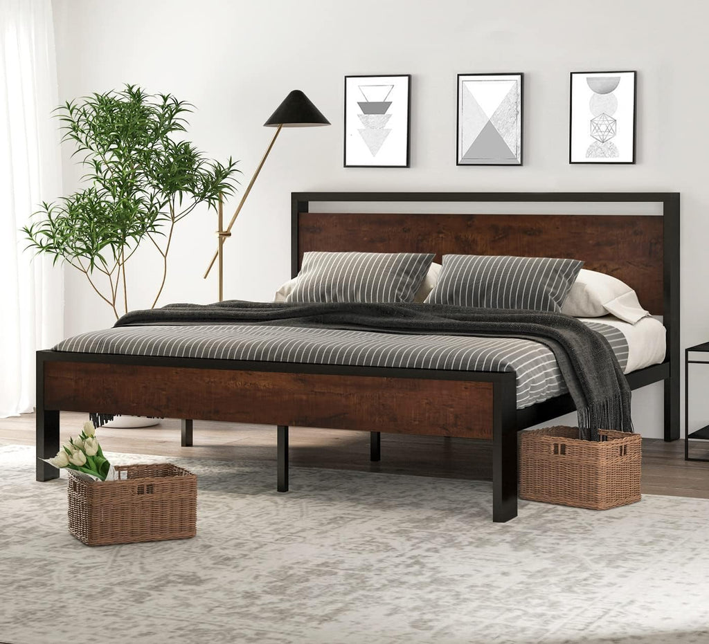 SHA CERLIN 14 Inch Queen Size Metal Platform Bed Frame with Wooden Headboard and Footboard