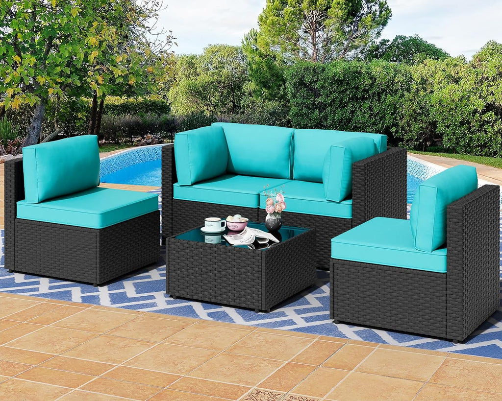 Shintenchi 5 Pieces Outdoor Patio Sectional Sofa Couch, PE Wicker Furniture Sets, Patio Conversation Sets with Washable Cushions Glass Coffee Table for Garden, Poolside, Backyard, Aegean Blue