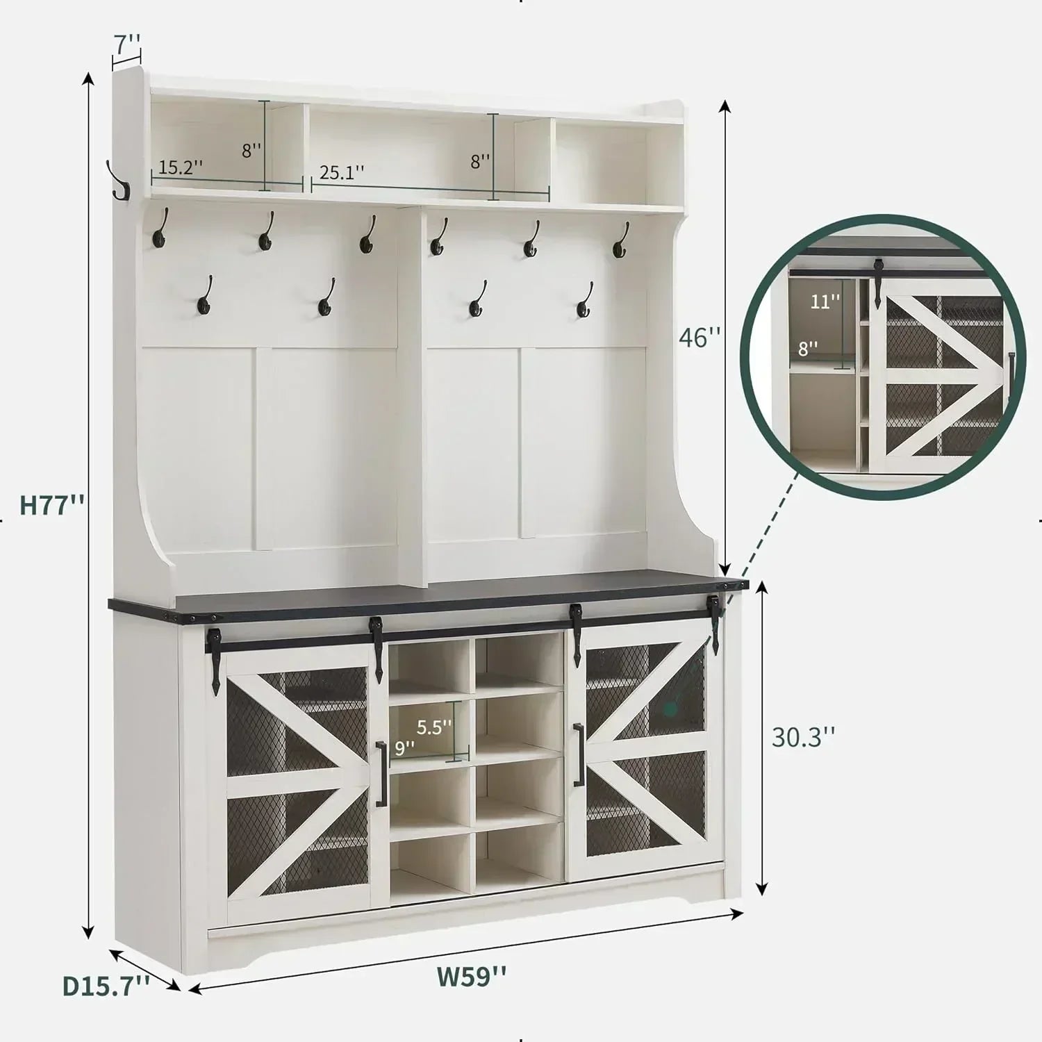 JXQTLINGMU 59-inch Farmhouse Foyer Tree Shoe Storage Entryway Bench Foyer Coat Rack Cabinet