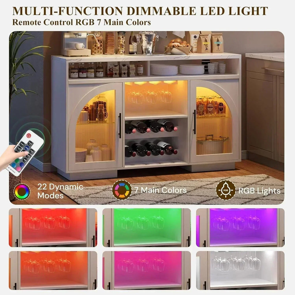 Sideboard 54-inch kitchen cabinet with LED lights and arched glass doors tall bar cabinet
