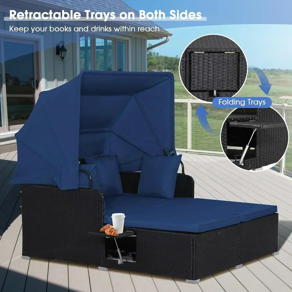 RELAX4LIFE Patio Outdoor Daybed with Canopy Wicker Sunbed Cushions 4 Pillows
