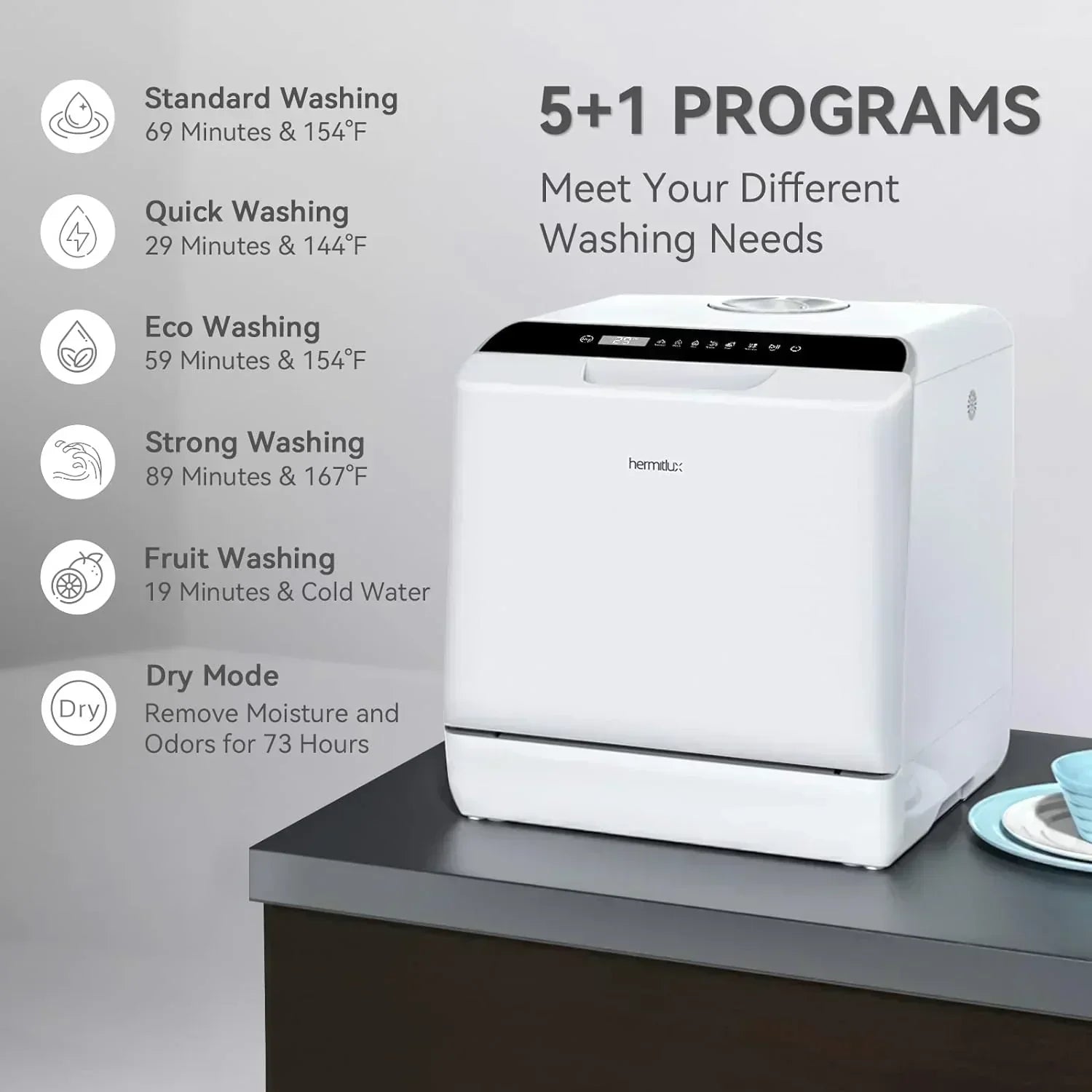 Hermitlux tabletop dishwasher 7 wash programs portable mini dishwasher