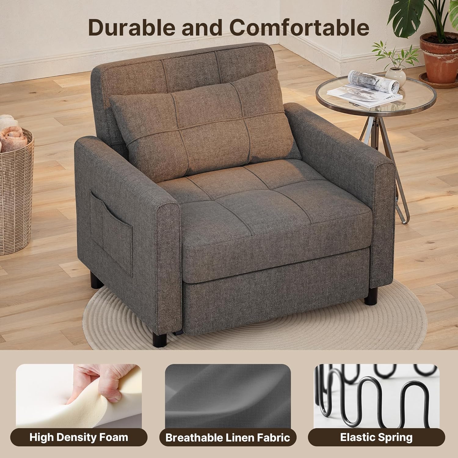 Sofa Bed Chair 3 in 1 Convertible Pullout Single Sleeper Chair Bed Spacious Multifunctional Sofa