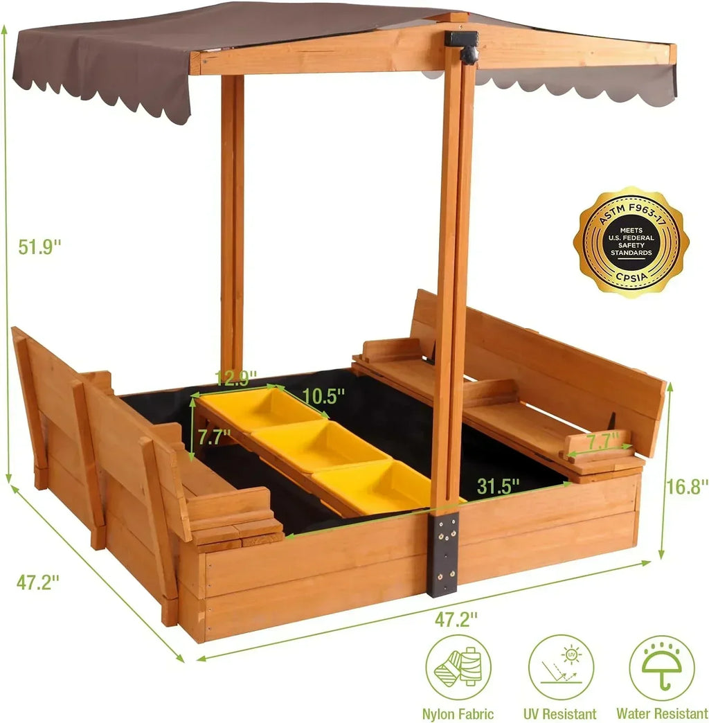 Kids Wooden Outdoor Sandbox Canopy 2 Foldable Bench Seats Retractable Roof Sand Protection Liner