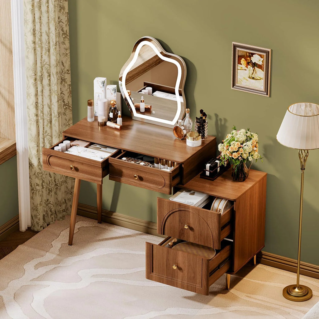 Walnut Stylish Corner Makeup Vanity Table，Vanity Desk with Lighted Mirror
