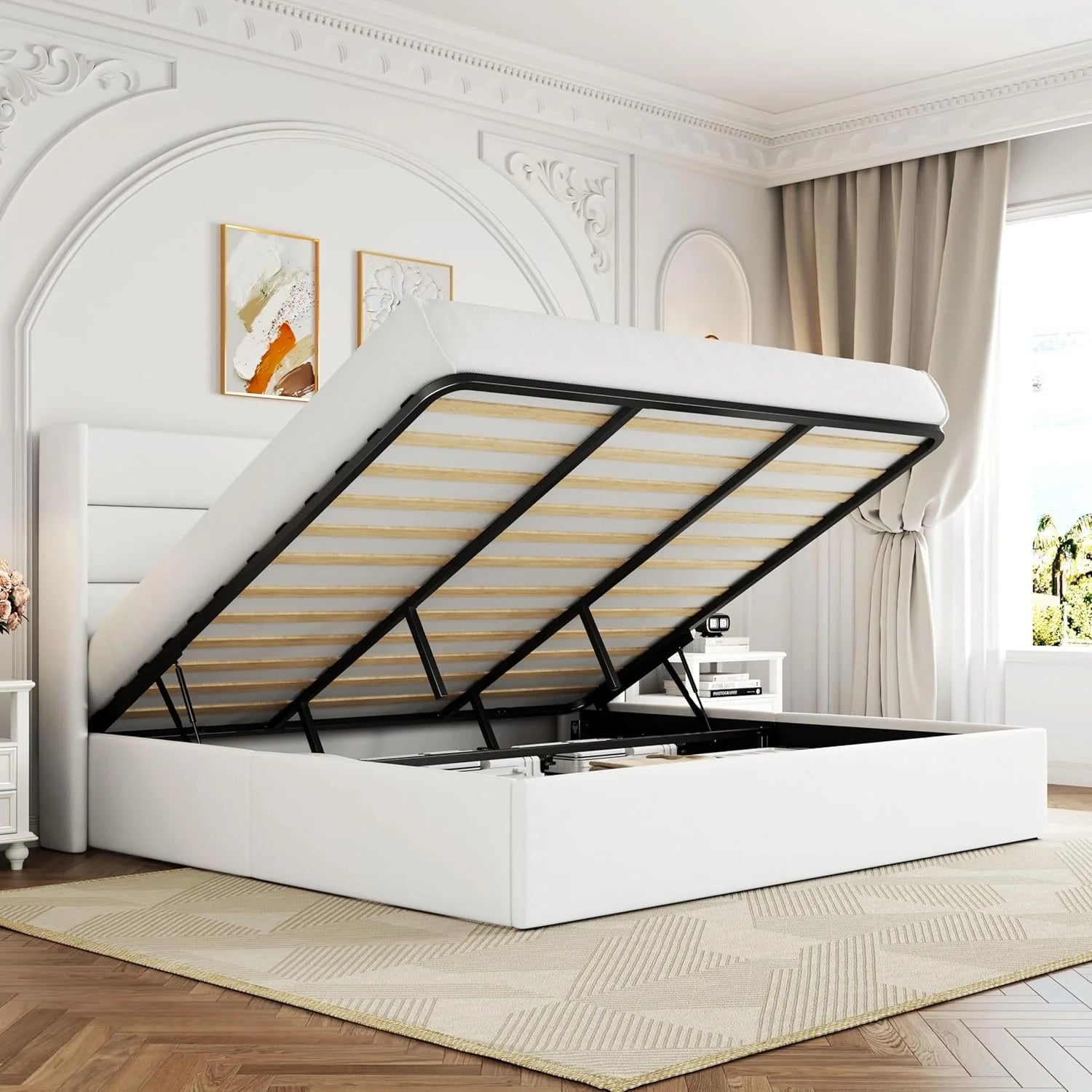 Allewie Queen Size Lift Up Storage Bed Modern Wingback Headboard Hydraulic Support