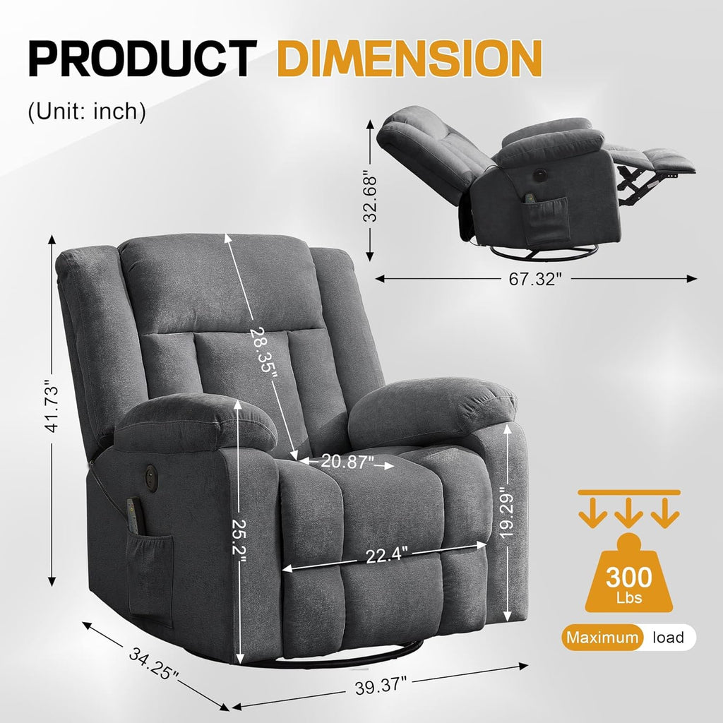 Rocker Recliner, Glider Recliner Chairs for Adults, 360�� Swivel Rocking Chair with Massage and Heating, Nursery Chair
