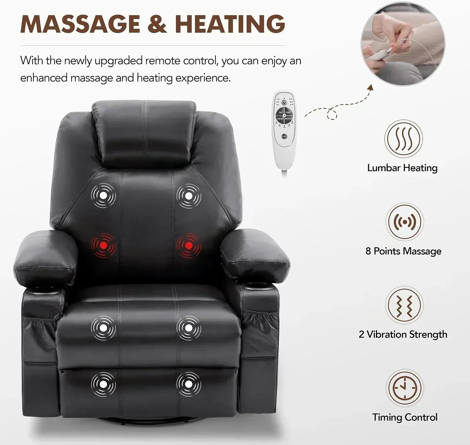 Large Swivel Rocking Recliner with Massage Function 360 Degree Swivel Rocking Single Sofa