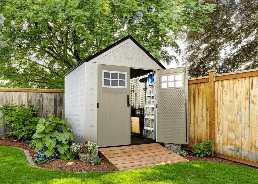 Rubbermaid Resin Outdoor Storage Shed With Floor Weather Resistant Gray Organization for Home