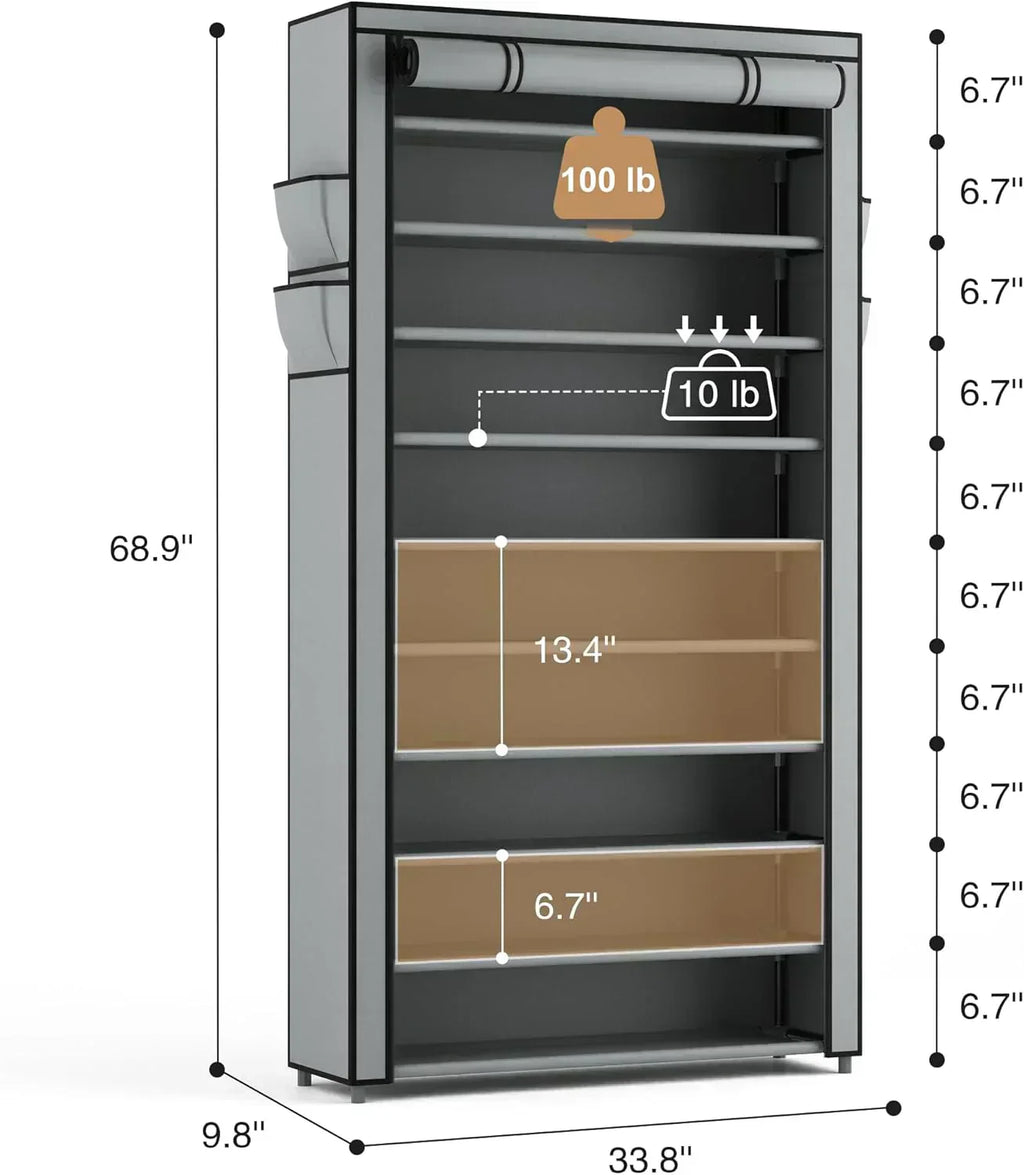 ROJASOP 10 Tier Shoe Rack with Covers Large Capacity Stackable Tall Shoe Shelf Storage