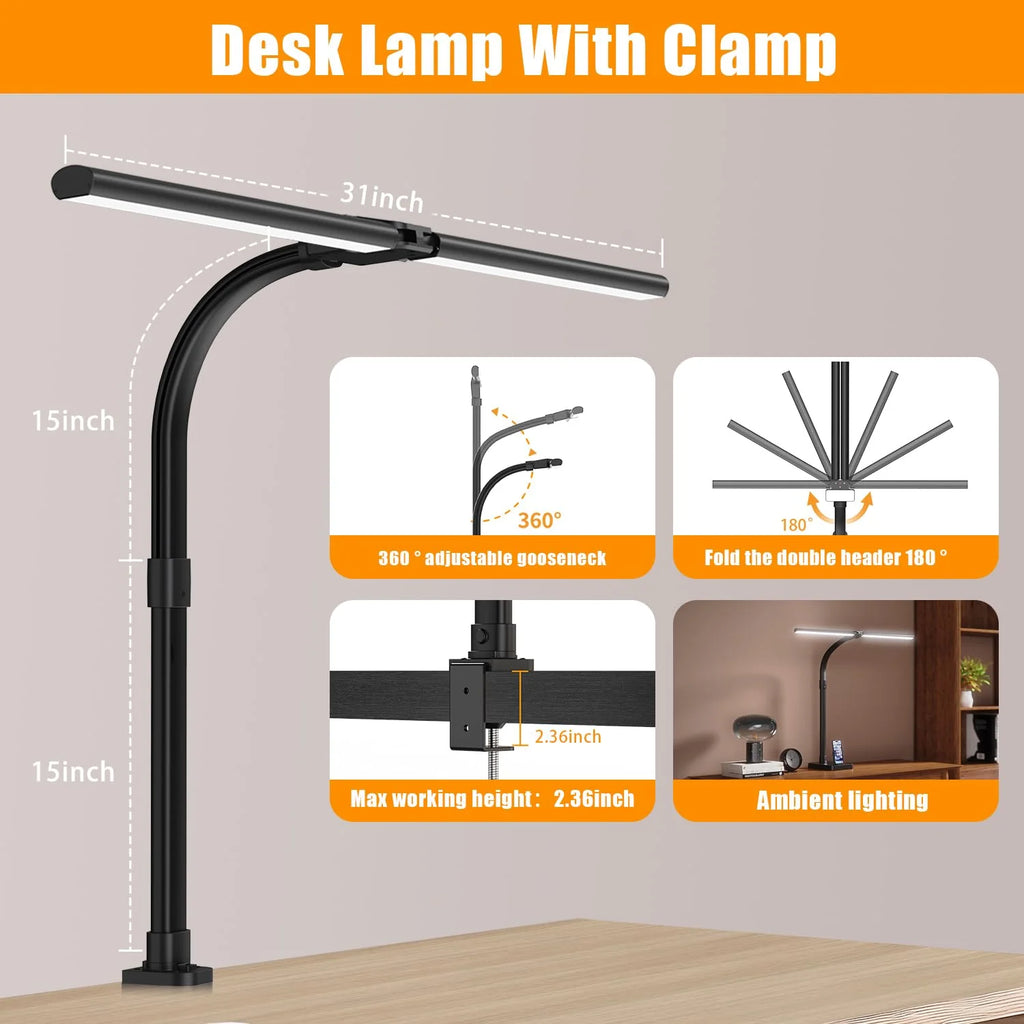 24W LED Desk Lamp with Clamp for Home Office Double Head 5 Brightness 5 Temperatures Gooseneck